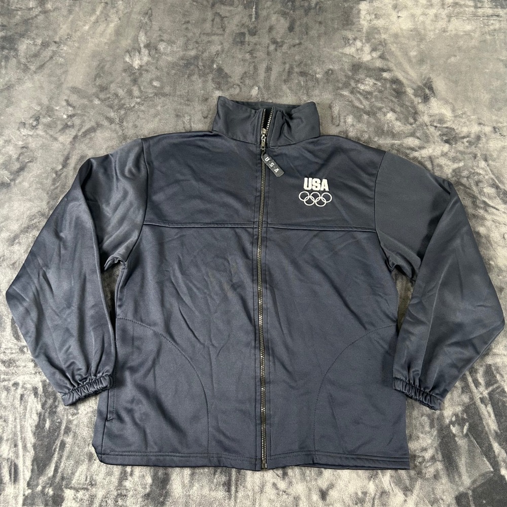 USOC Track Jacket Mens Medium Navy Blue USA Olympic Committee Full Zip Vintage